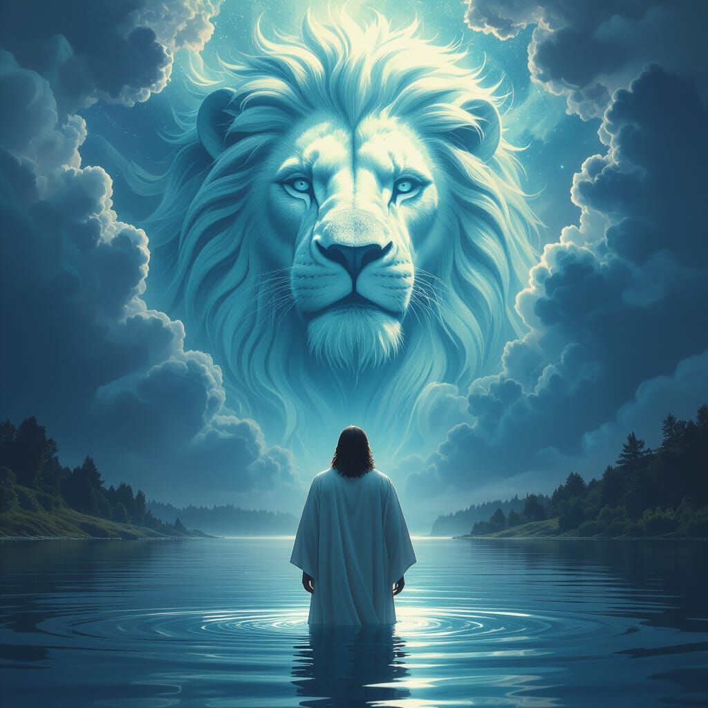 Jesus in Lake with Ethereal Lion Head