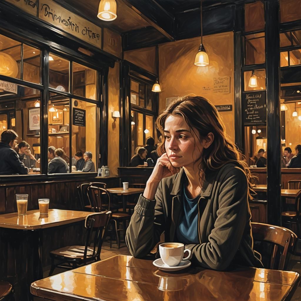 Contemplative Woman in Cafe, Post-Impressionist Style