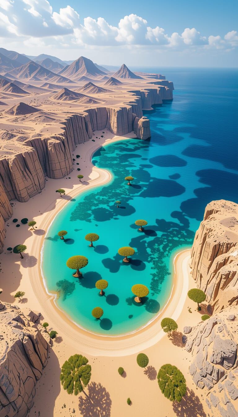 Socotra Island Aerial View: Desert Cliffs Meet Turquoise Sea