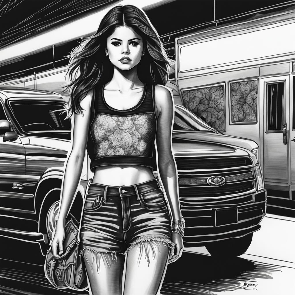 Hyperdetailed Ink Drawing: Woman in Ripped Jeans