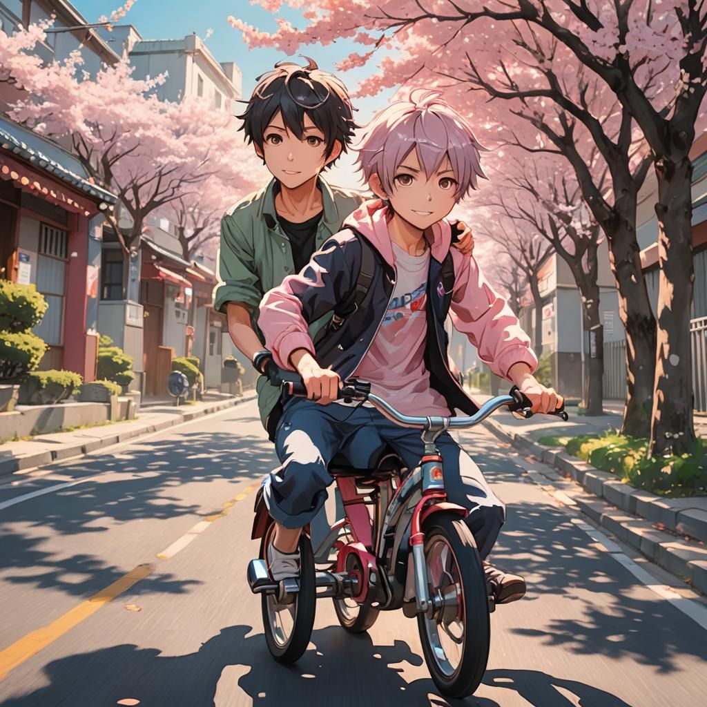 Anime Boy Rides Tricycle in Japanese Manga Style