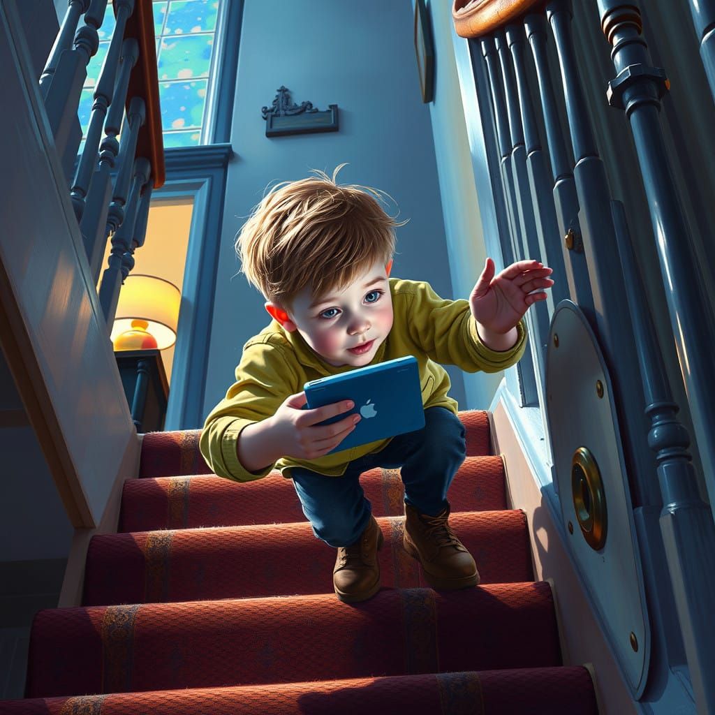 Ginger Boy Tumbles Down English House Stairs in Hyperrealist...