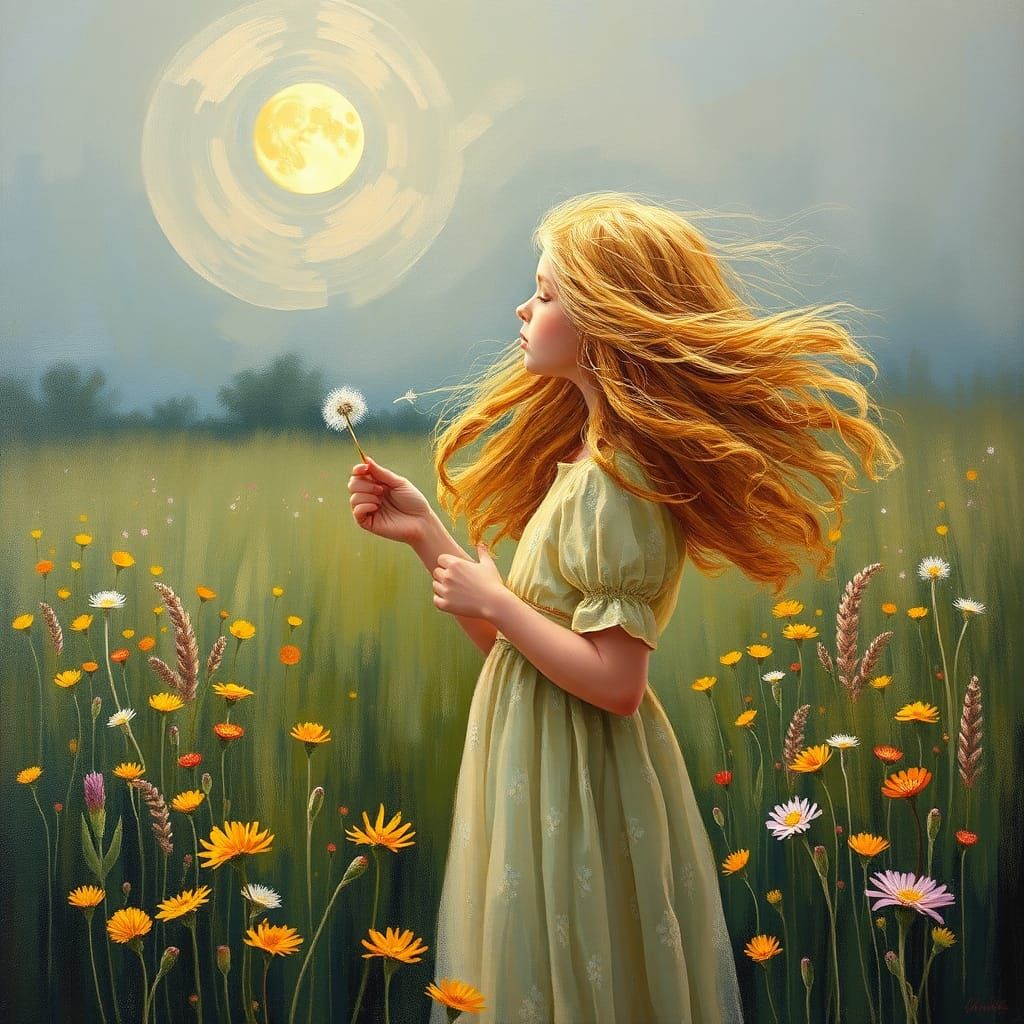 Girl in Moonlit Meadow: An Impressionist Painting