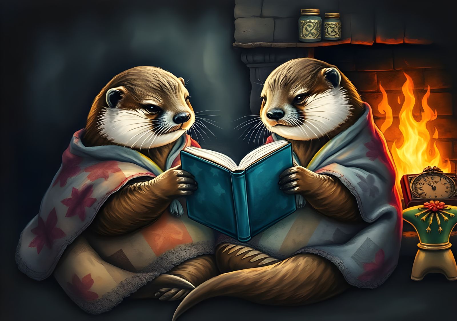 Cozy Otters Reading by Fireplace in Watercolour