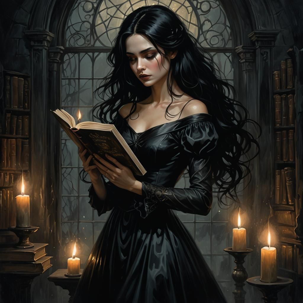 Mystical Woman with Book in Gothic Setting