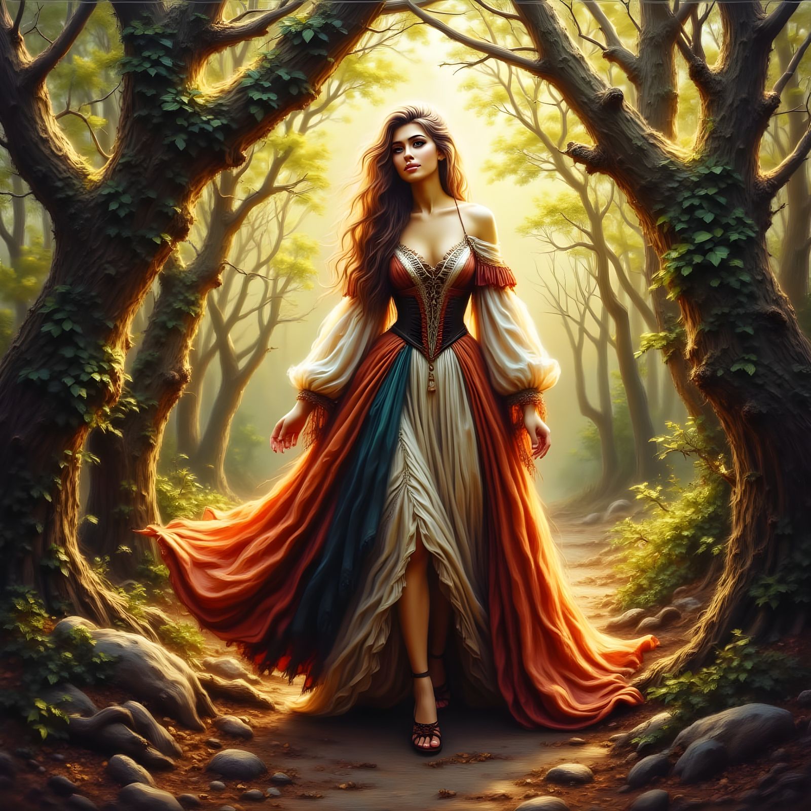 Scottish Woman in Enchanted Forest, Hyperrealistic Oil Paint...