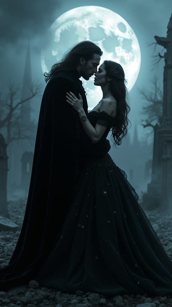Gothic Couple Embrace in Cemetery Under Moonlight