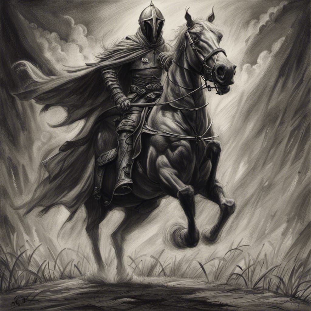 Sinister Headless Horseman Knight Charcoal Drawing