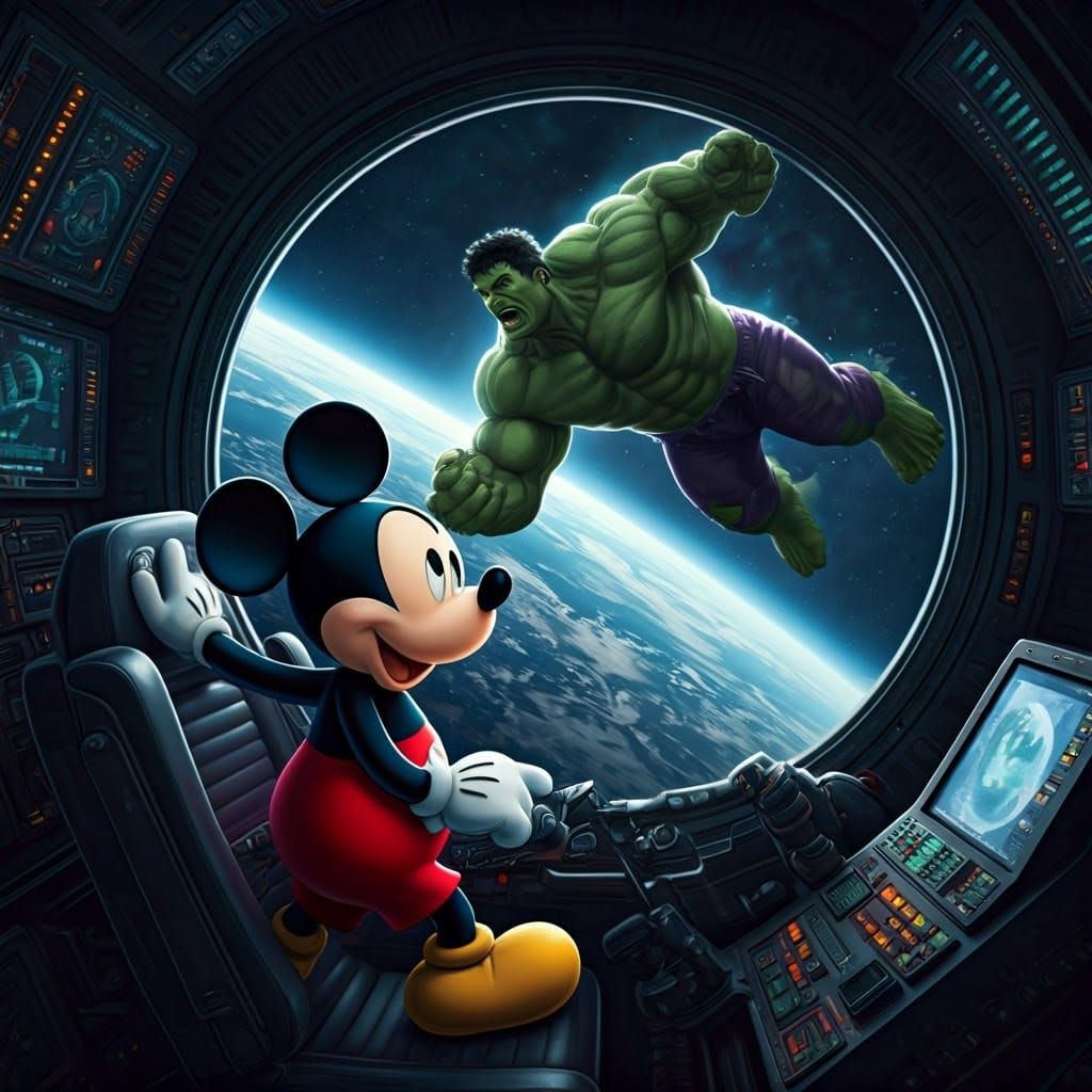 Mickey Mouse and Hulk in Spaceship Cockpit