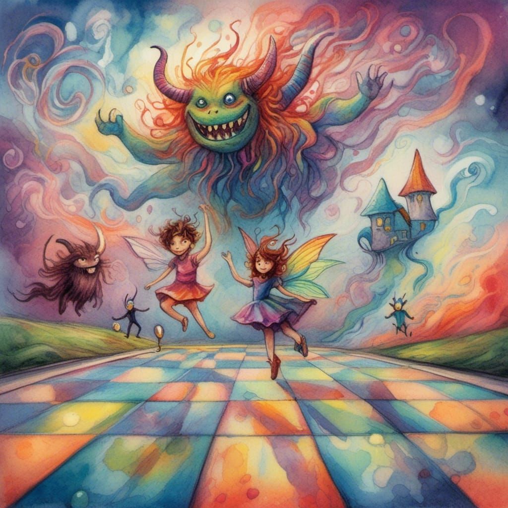 Whimsical Creatures Play Hopscotch: A Surreal Illustration