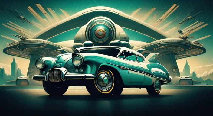 Retro-Futuristic Cityscape with Flying Cars and Art Deco Sty...