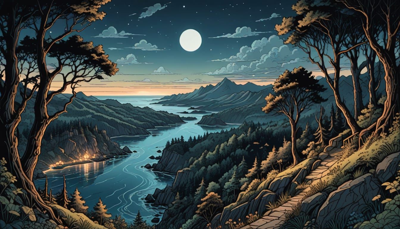 Dramatic Forest Landscape in Retro Fantasy Style