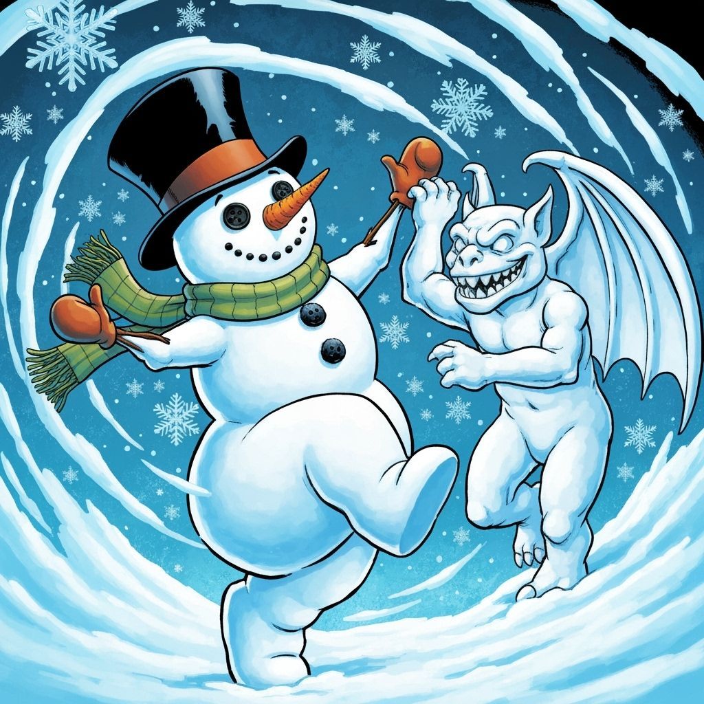 Snowman Dances with Gargoyle in Comic Book Art