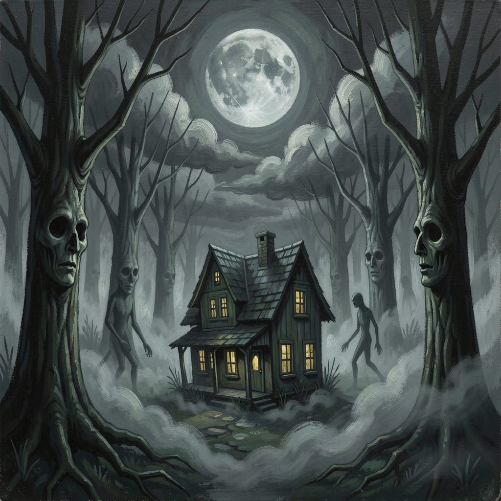 Eerie Forest Scene in Dark Surreal Gouache