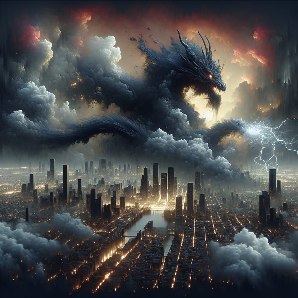 Cloud Dragon Attacks High Fantasy City: Digital Art
