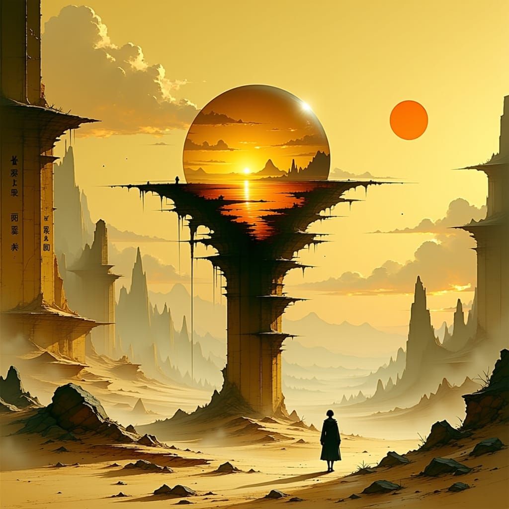 Futuristic Alien Orb in Ancient Desert Ruins