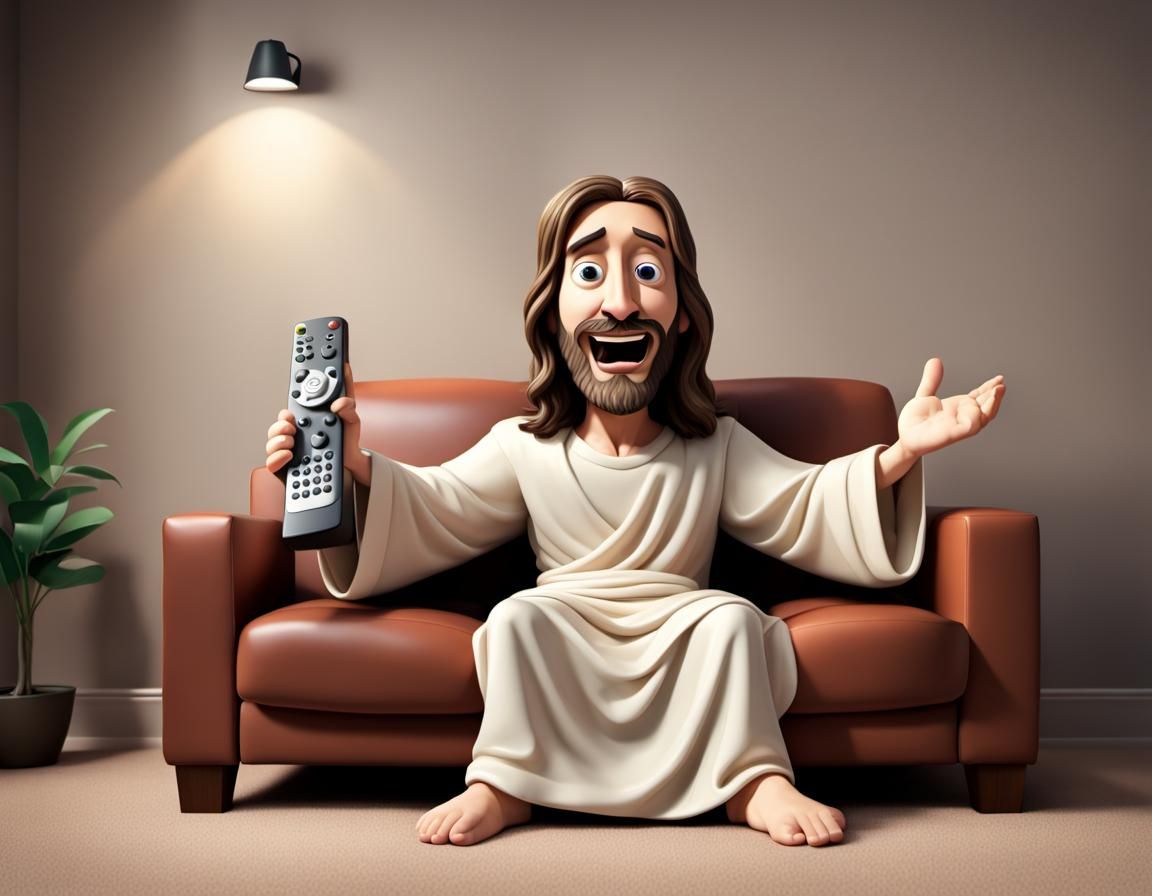 Cartoon Jesus Watching Football on TV