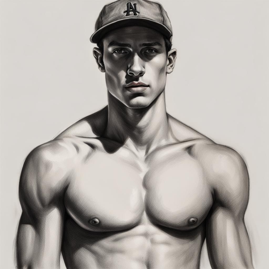 Charcoal Drawing of Shirtless Skater with Baseball Cap