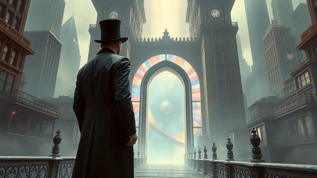 Ethereal Portal in Dreamlike Cityscape, Cyberpunk-Vintage Fu...