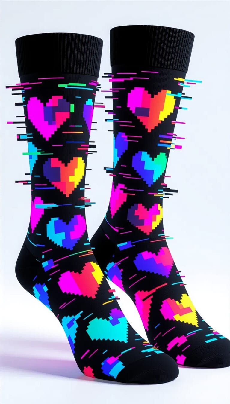 Cyberpunk Socks with Glitching Neon Hearts