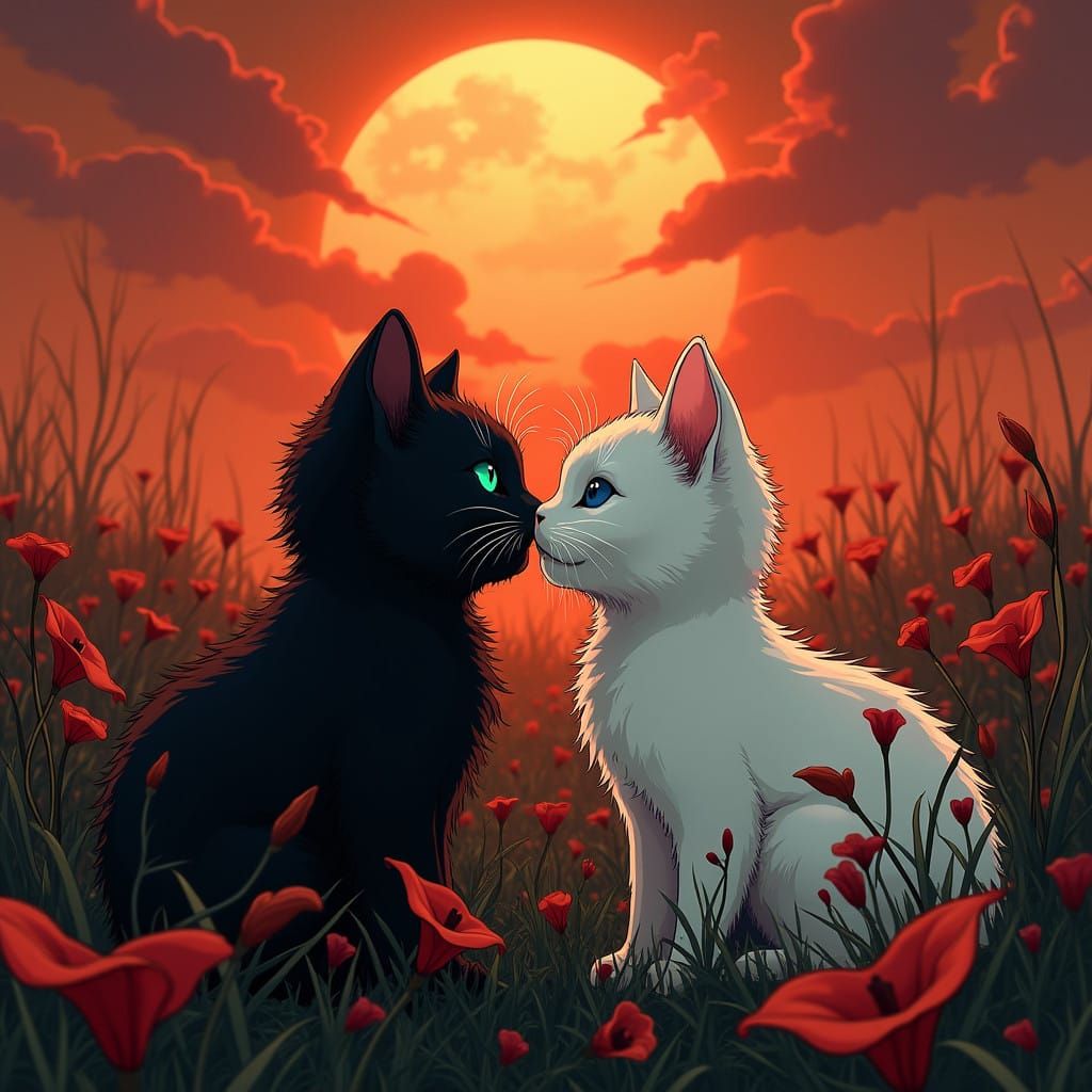 Ethereal Kitten Kiss Amidst Black Calla Flowers in a Celesti...