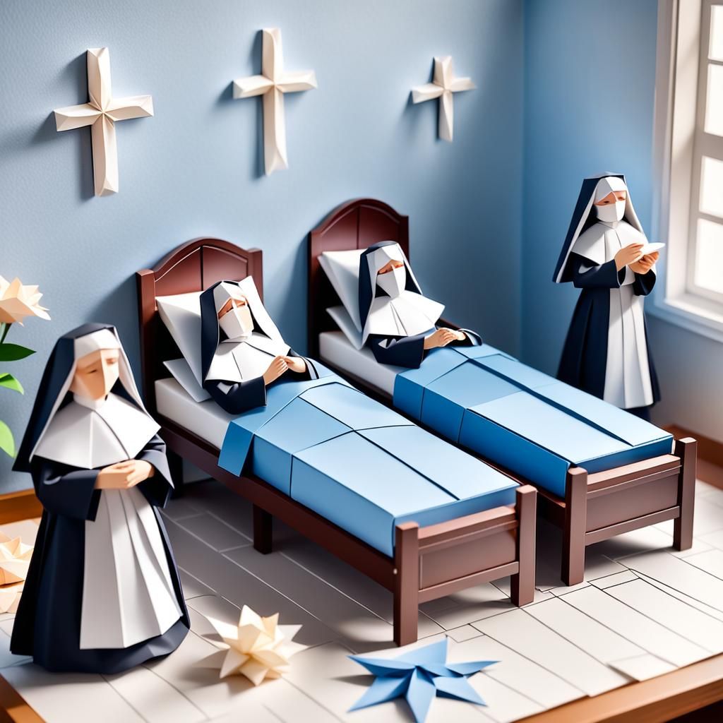 Nun's Peaceful Passing in Origami Papercraft Style