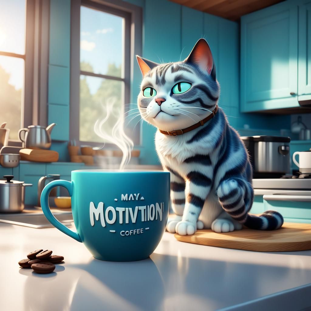 Sleepy Cat Drinks Coffee: Pixar-Style 3D Render