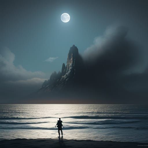 Samurai Meditates on Windswept Beach in Moonlight