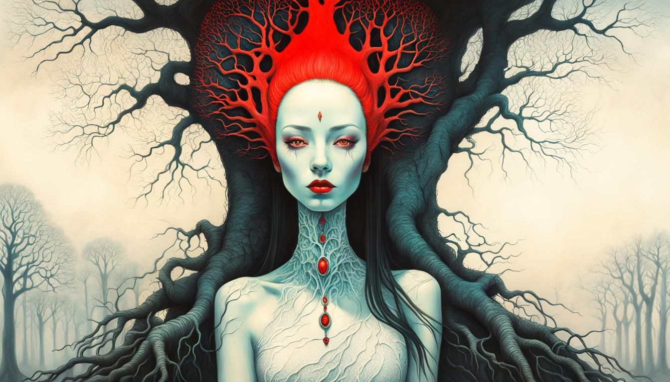 Surreal Girl with Tree Roots: Pencil Drawing