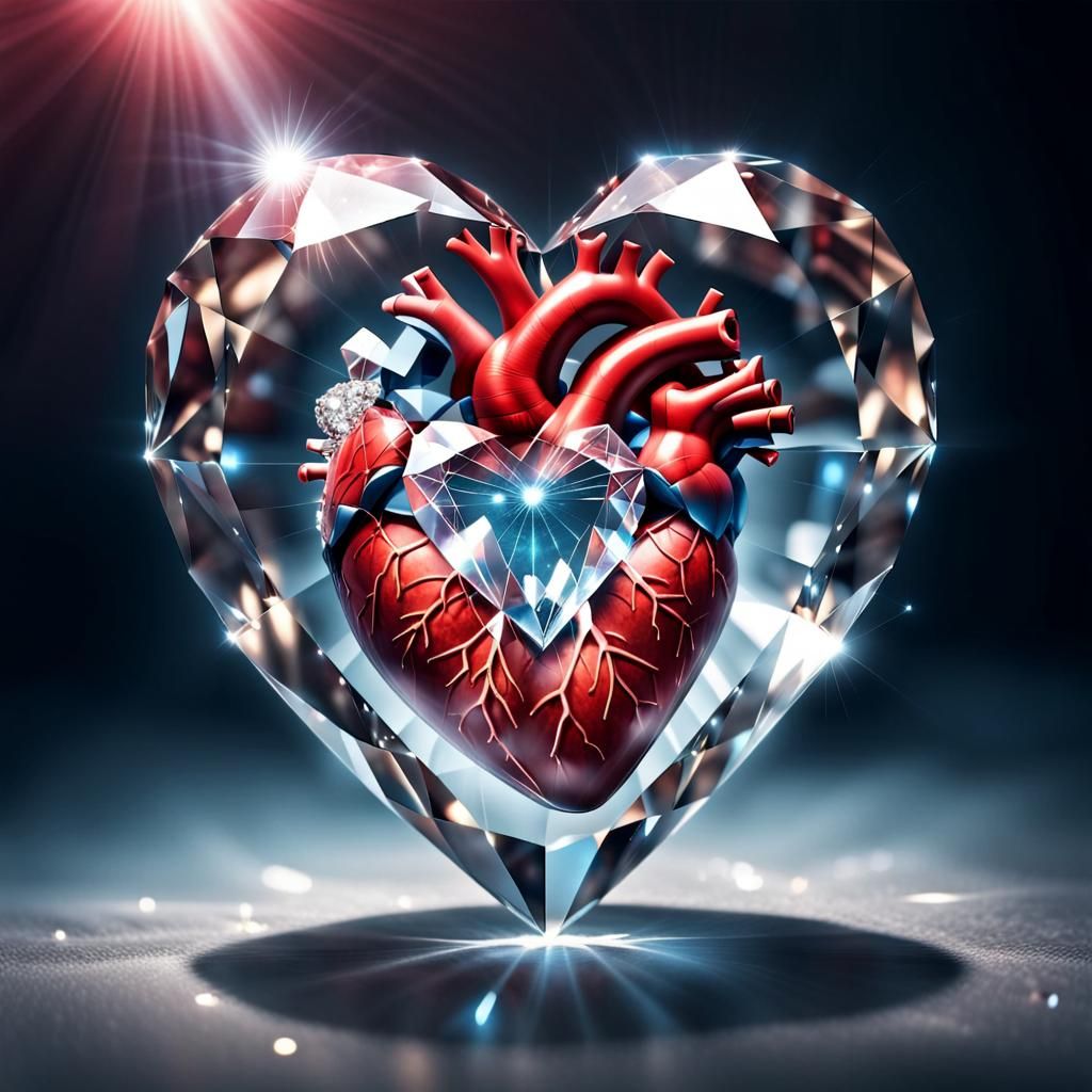 Heart in Diamond Crystal Radiating Light