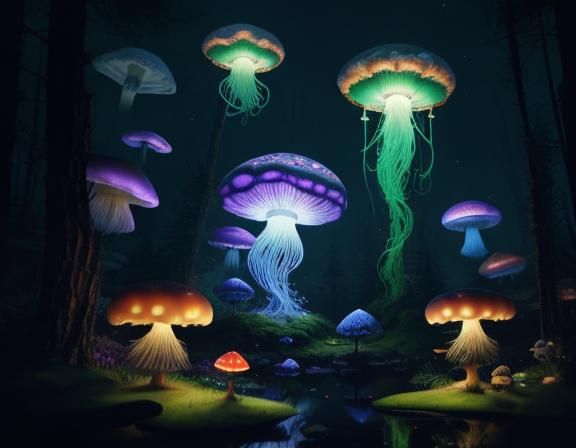 Jellyfish in Toadstool Forest: Beatrix Potter Style