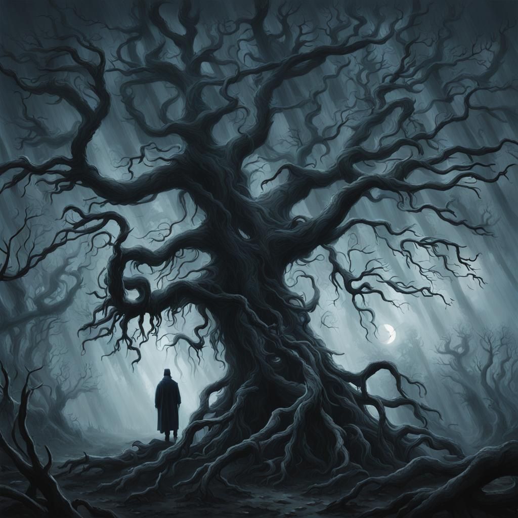 Eerie Figure in Dark Forest, Ink Illustration