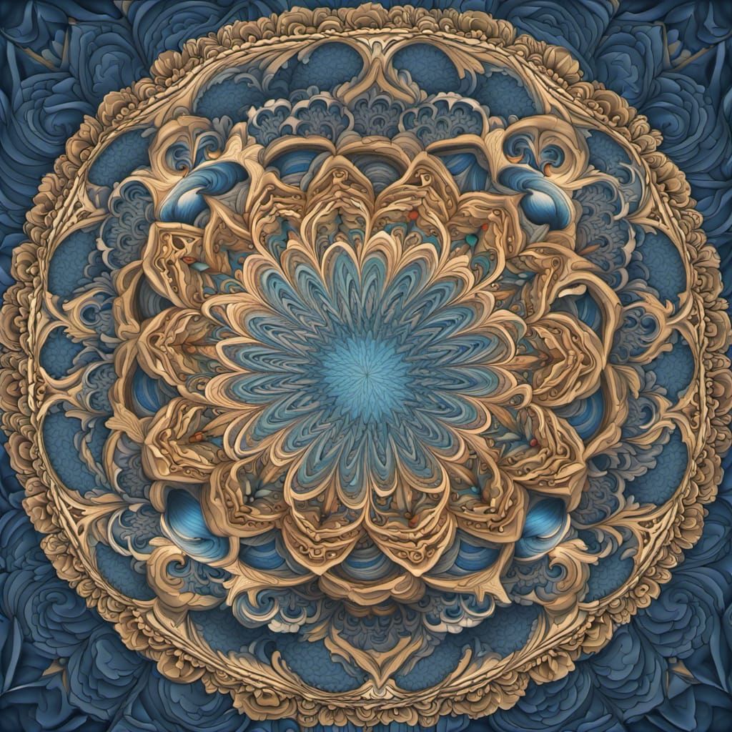 Blue 3D Optical Illusion Mandala, Digital Art