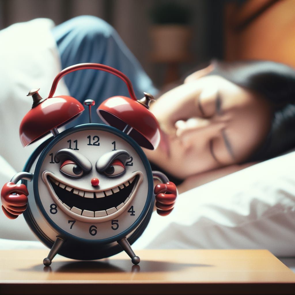 Mischievous Alarm Clock Jolts Woman Awake in a Well-Lit Stud...