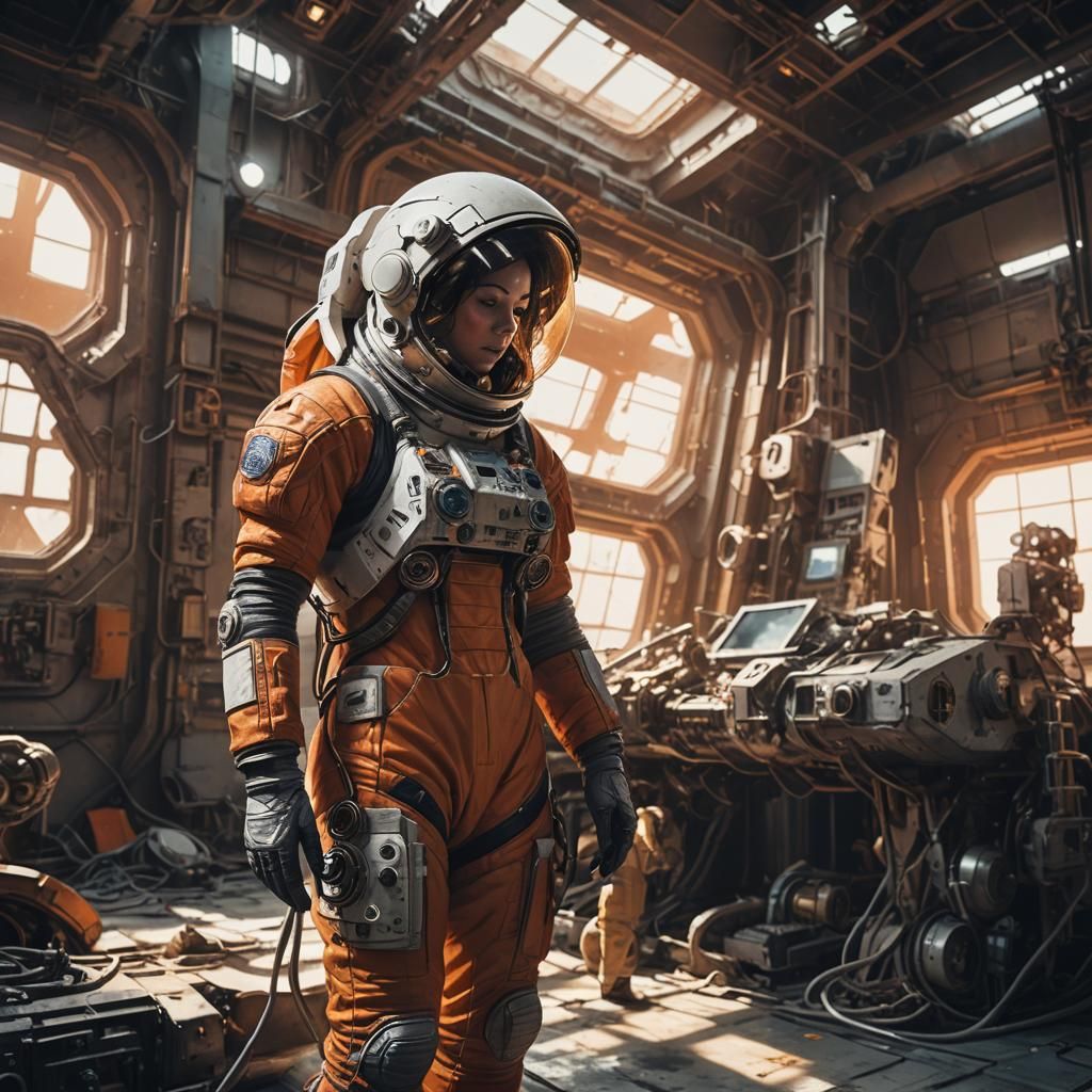 Astronaut Repairs Spaceship Hangar in Futuristic Concept Art
