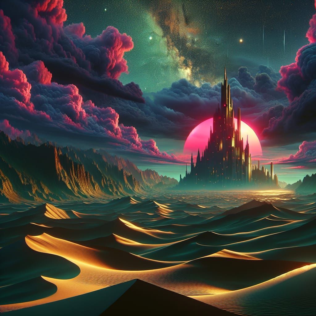 Surreal Desert Landscape with Golden Tower, Fantasy Art