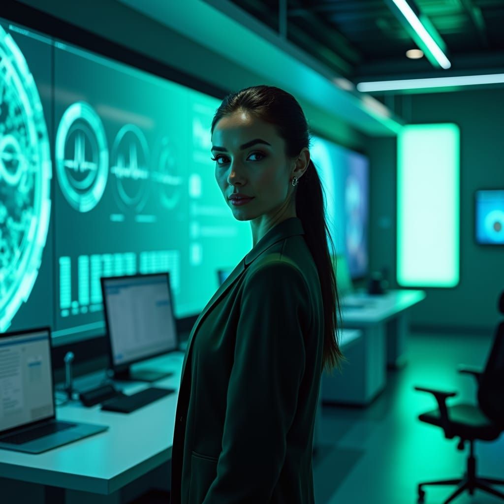 Sleek MedTech Professional in Futuristic Office