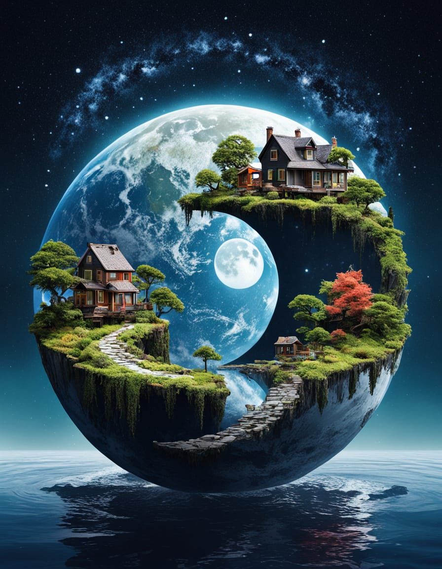 Earth and Moon Yin Yang with Victorian Villages