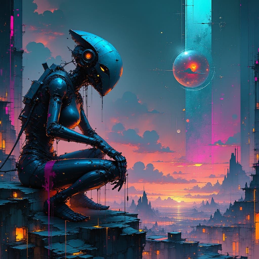 Robotic Archaeologist in Futuristic Cityscape