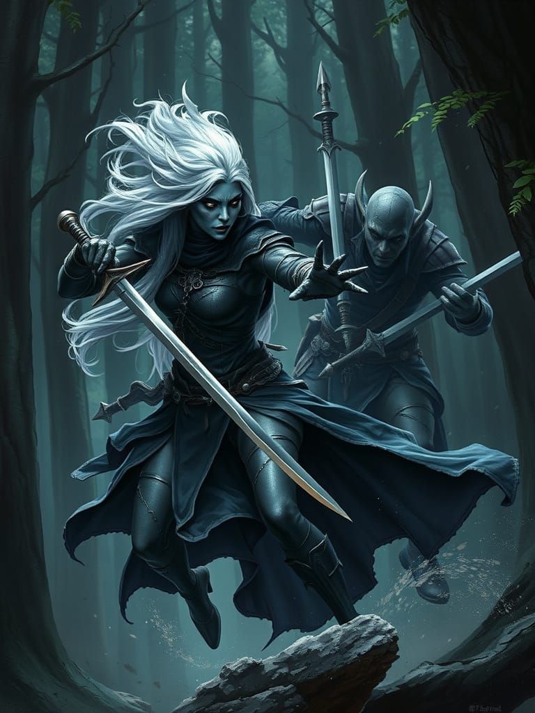 Dark Elf Warrior Battles Elf Knight in a Haunting High Fanta...
