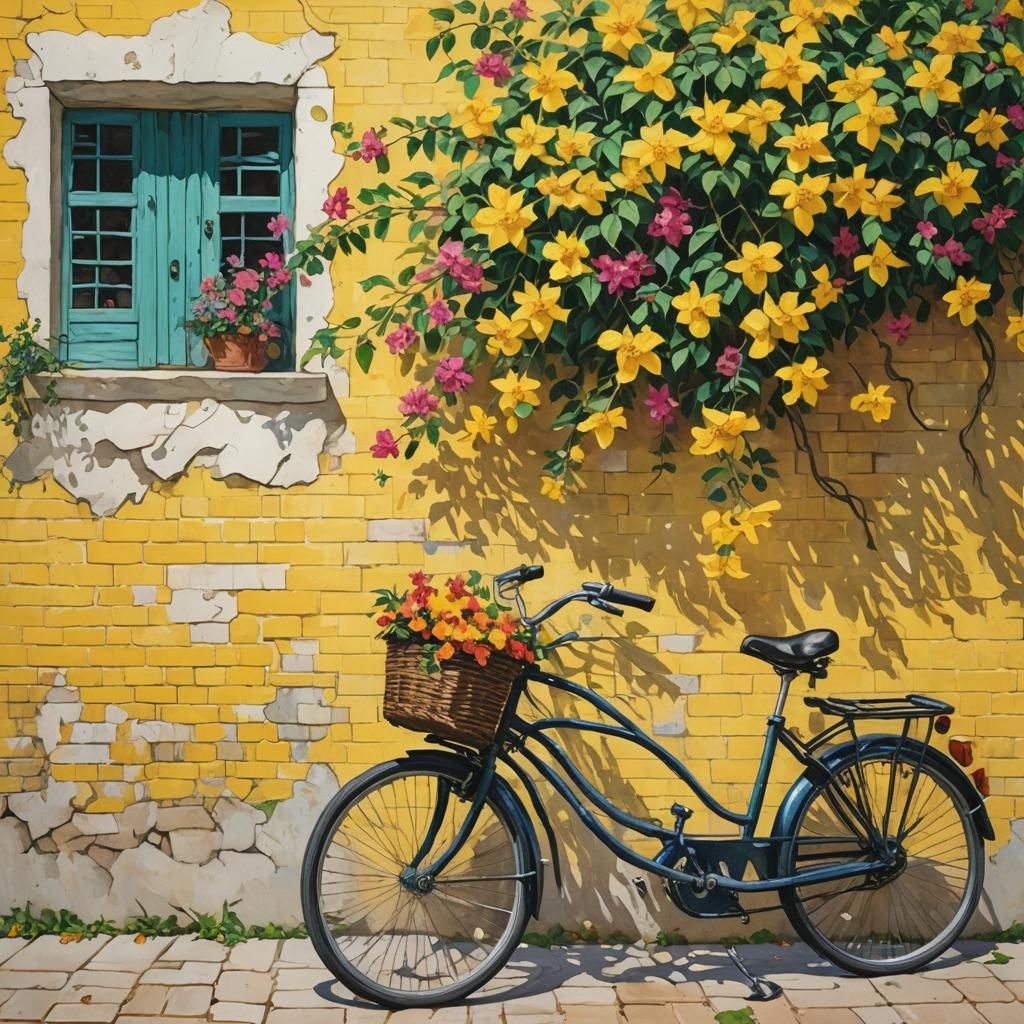 Bougainvillea Wall and Bicycle, Impressionist Style