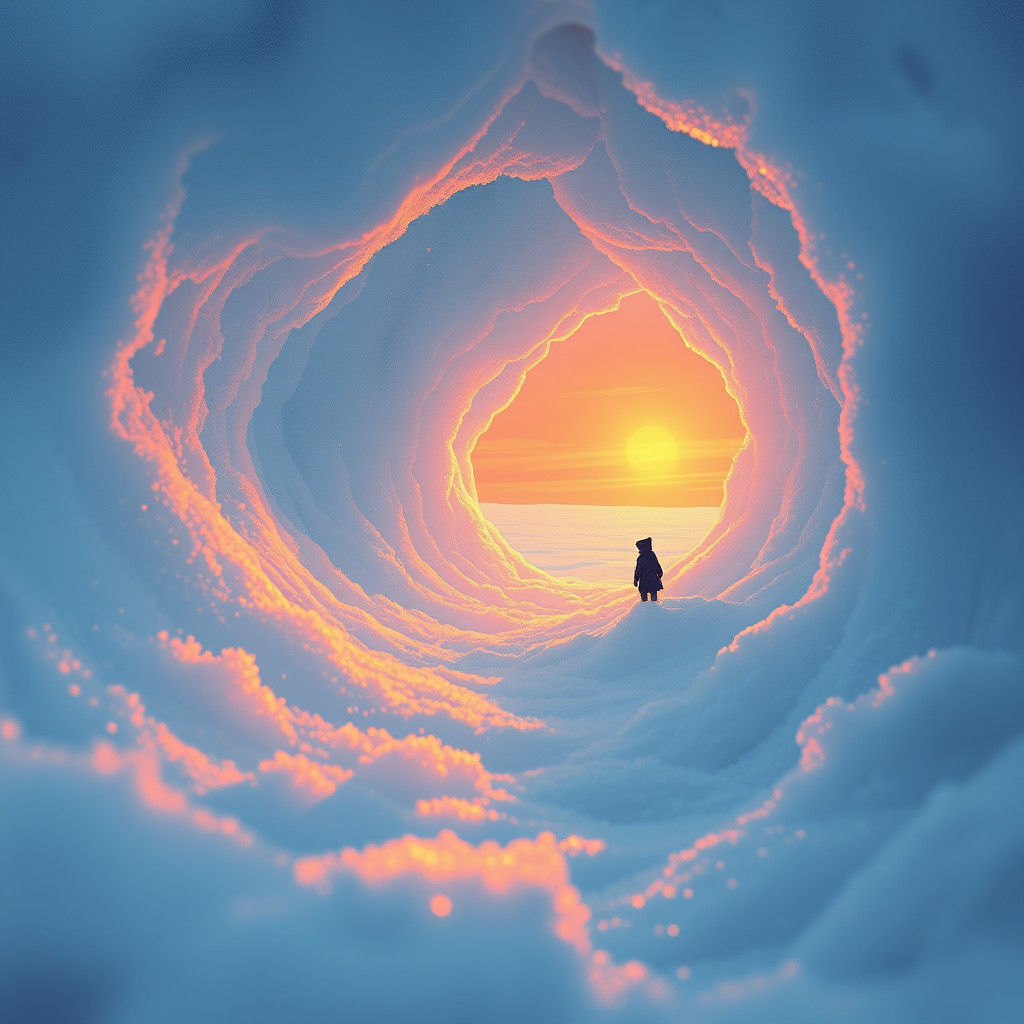 Hypnotic Figure in Frozen Landscape at Sunrise