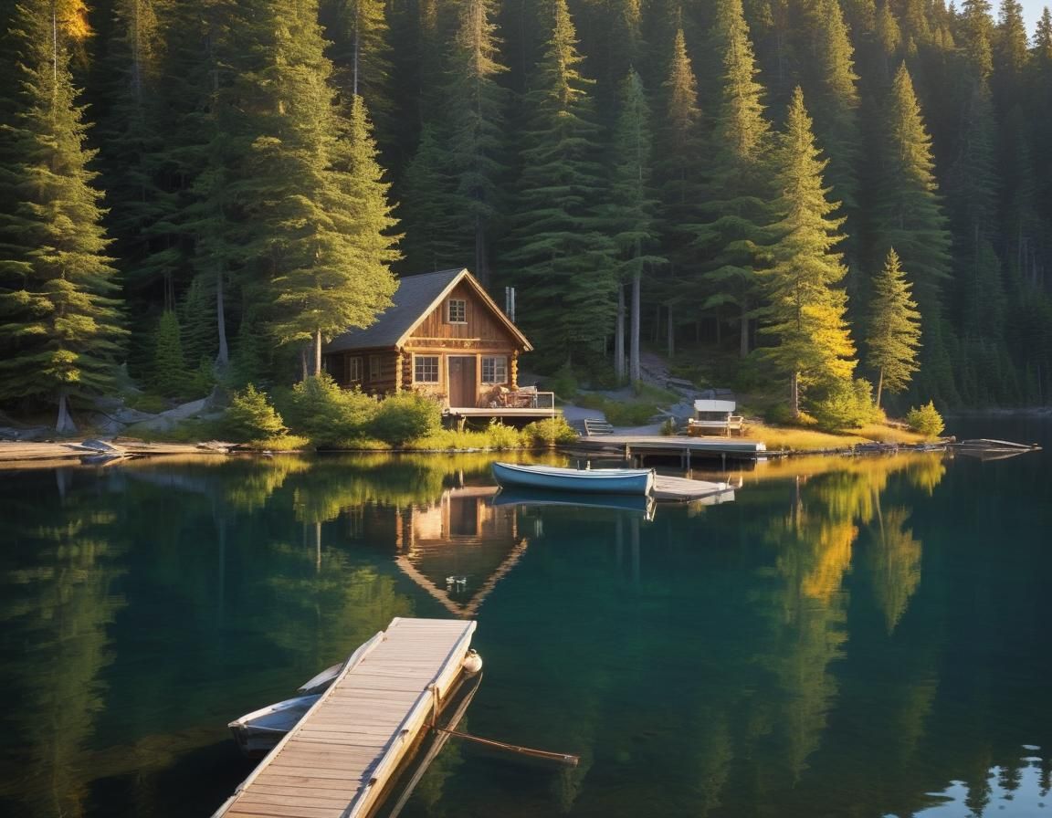 Lakeside Cabin at Sunset, Digital Painting