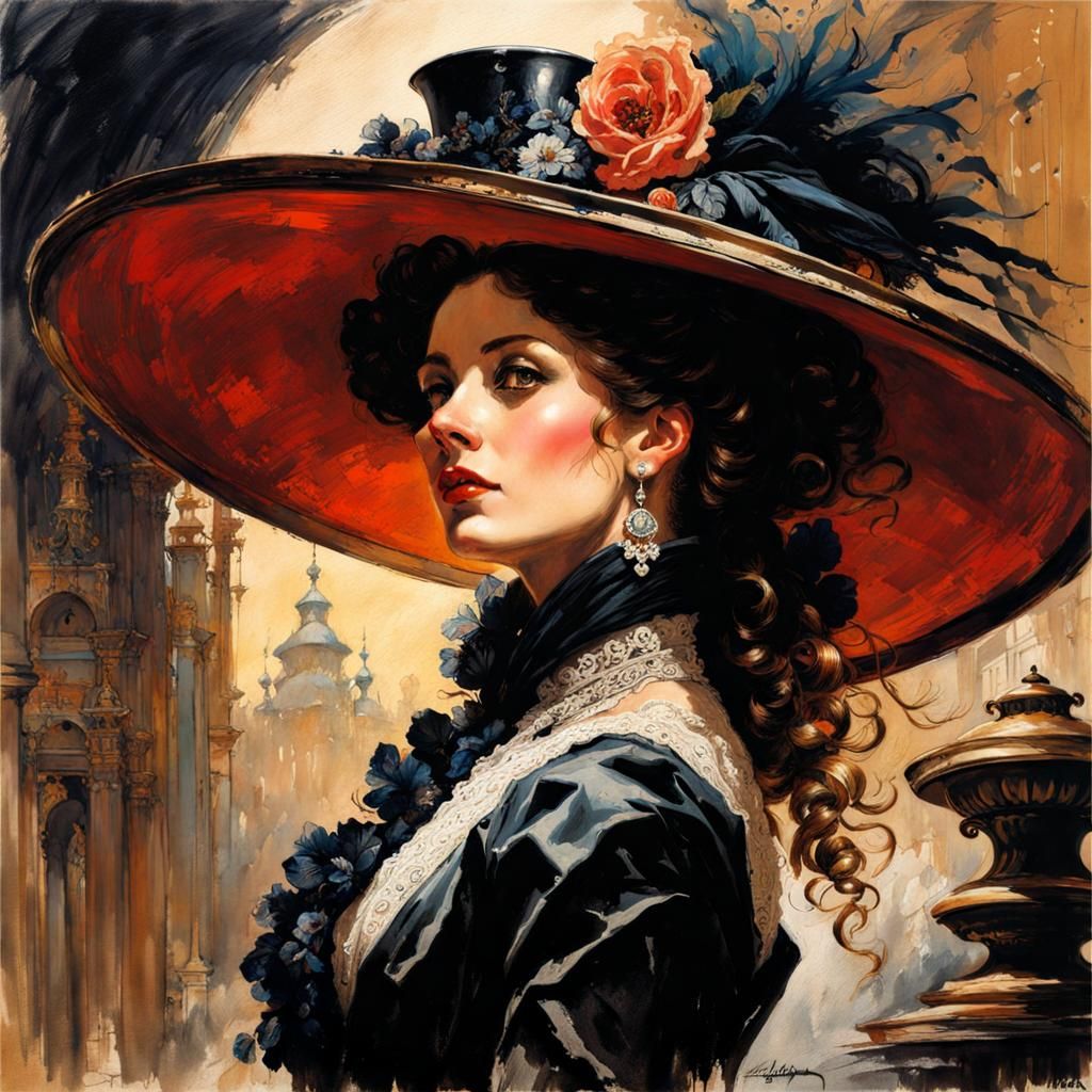Victorian Spanish Beauty in Ink Painting Style