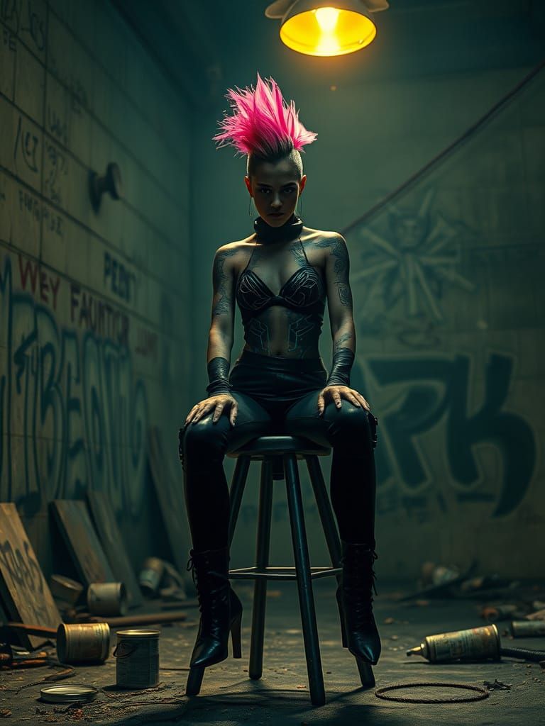 Cyberpunk Warrior in Gritty Post-Apocalyptic Workshop