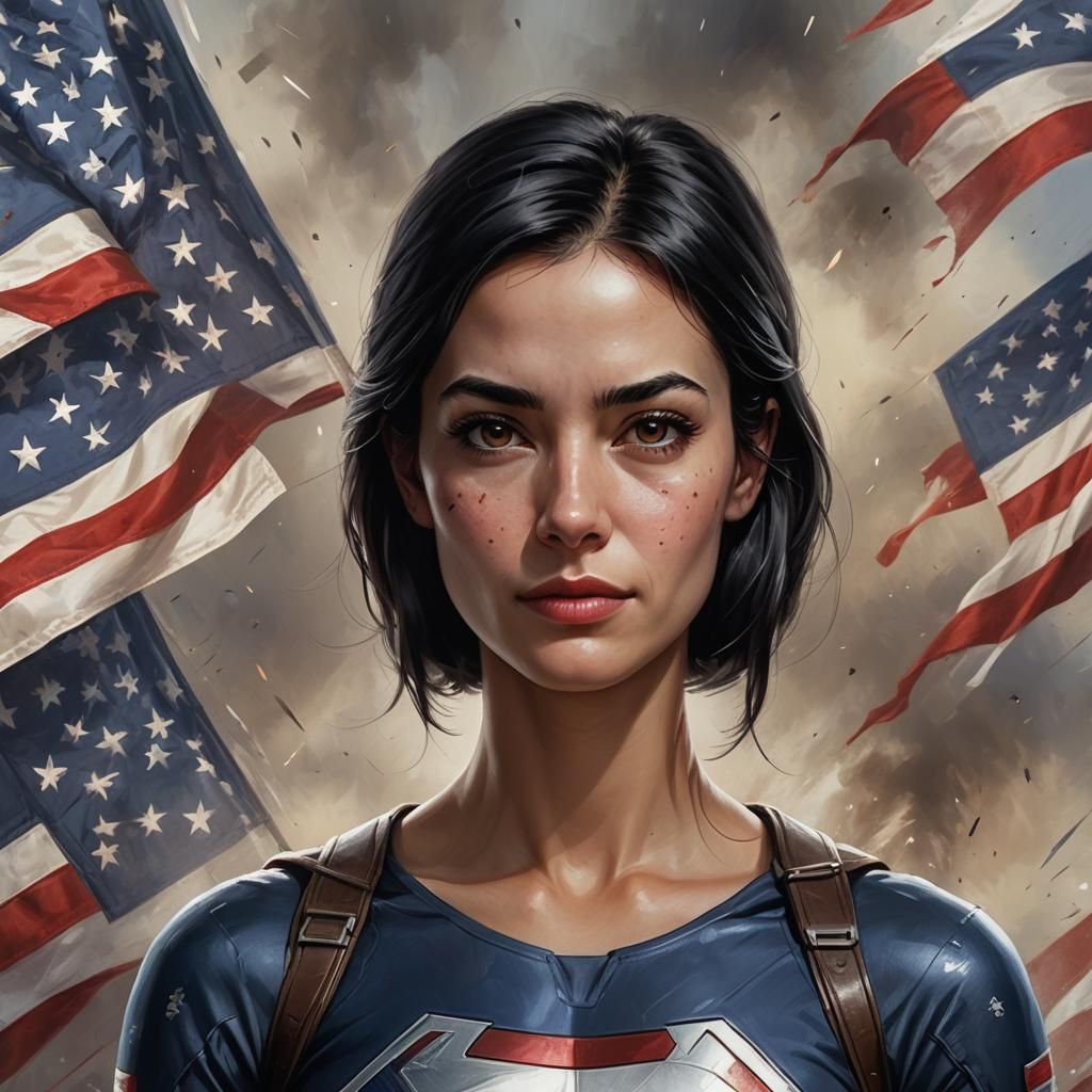 Hyperrealistic Portrait of Woman as American Flag Superhero