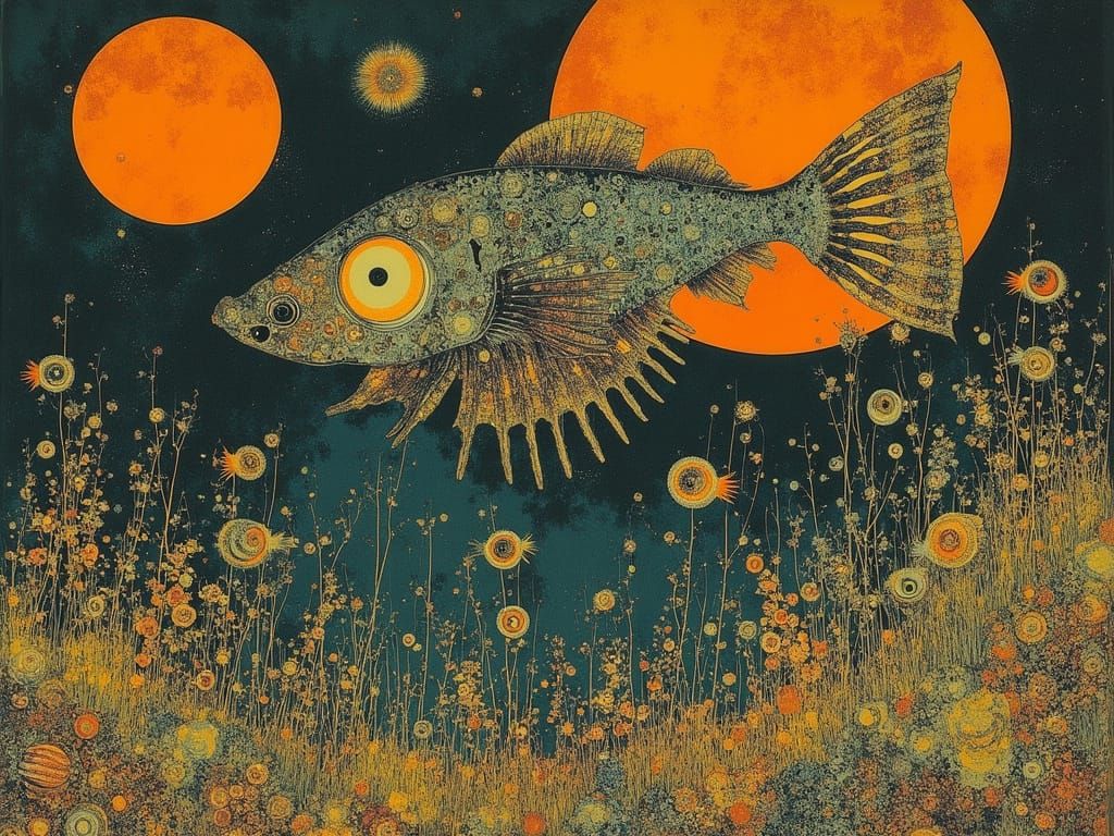 Bioluminescent Calamari in Shan Shui Style