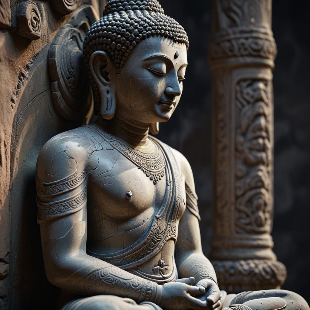 Serene Buddha Statue in Dark Gray Stone