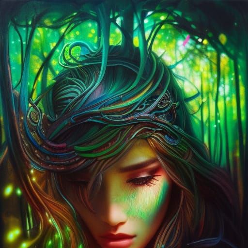Enchanted Woman in Lush Forest: Photorealistic Oil Painting