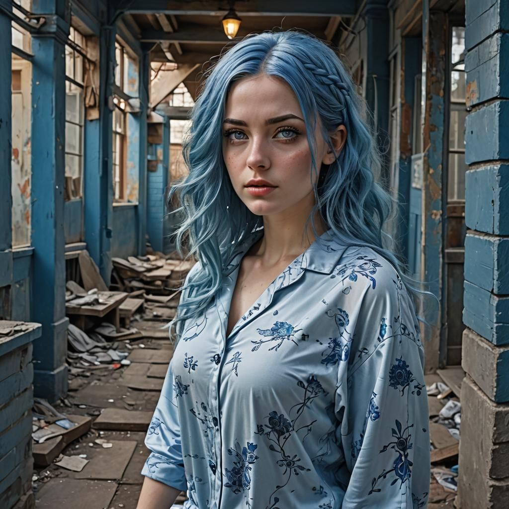 Blue-Haired Woman Beckons in Hyperrealistic Style